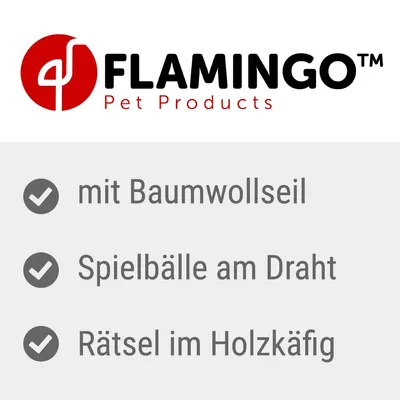 Flamingo Pet Products. Mit Baumwollseil, Spielbälle am Draht, Rätsel im Holzkäfig.