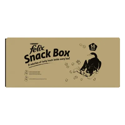 Felix Snack Box, 14 pack. Includes Goody Bag Original, Mixed Grill, Seaside and Crispy treats with salmon and trout. A selection of tasty treats inside every box.