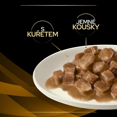 Miska s jemnými kousky v omáčce, text: S KUŘETEM, JEMNÉ KOUKSY