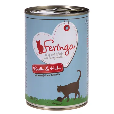 Кутия Feringa, видим текст: Forelle & Huhn mit Kartoffel und Petersilie, 400 г. Силует на котка и сърце с надпис на немски.