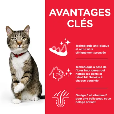 AVANTAGES CLÉS : Technologie anti-plaque et anti-tartre cliniquement prouvée, fibres imbriquées nettoyant les dents et rafraîchissant l’haleine, oméga 6 et vitamine E pour la peau et le pelage.
