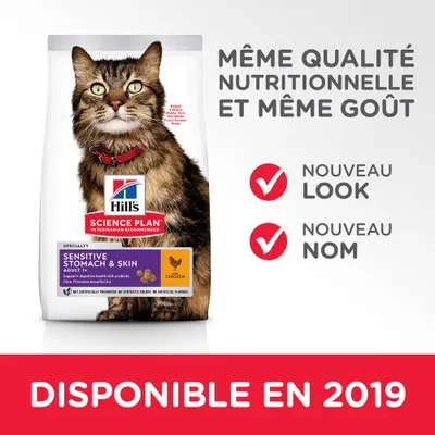 Hill's Science Plan Sensitive Stomach & Skin Adult 1+ with Chicken, même qualité nutritionnelle et goût, nouveau look, nouveau nom, disponible en 2019.
