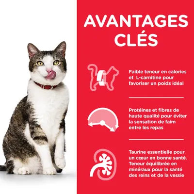 AVANTAGES CLÉS : faible teneur en calories et L-carnitine, protéines et fibres de haute qualité, taurine essentielle, minéraux équilibrés pour reins et vessie. Texte en français.