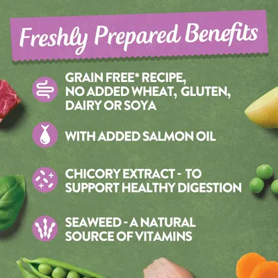 Freshly prepared benefits: grain free recipe with no added wheat, gluten, dairy or soya; added salmon oil; chicory extract for healthy digestion; seaweed as a natural vitamin source.