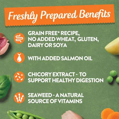 Freshly prepared benefits: grain free recipe with no added wheat, gluten, dairy or soya; added salmon oil; chicory extract for healthy digestion; seaweed as a natural vitamin source.
