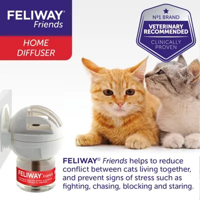 Feliway Friends home diffuser, veterinary recommended, helps reduce conflict and stress between cats living together by preventing fighting, chasing, blocking and staring.