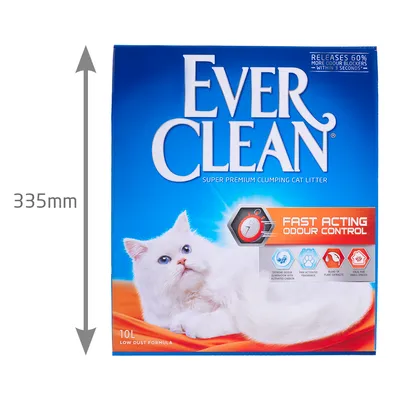 Упаковка наполнителя для кошачьего туалета Ever Clean 10 л, высота 335 мм, надпись Fast Acting Odour Control, изображение белой кошки, формула с низким пылеобразованием.