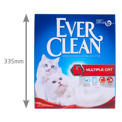 Balení steliva pro kočky Ever Clean Multiple Cat, 10 l, rozměr 335 mm, nápisy: SUPER PREMIUM CLUMPING CAT LITTER, MAXIMUM ODOUR ELIMINATION, LOW DUST FORMULA, piktogramy vlastností.