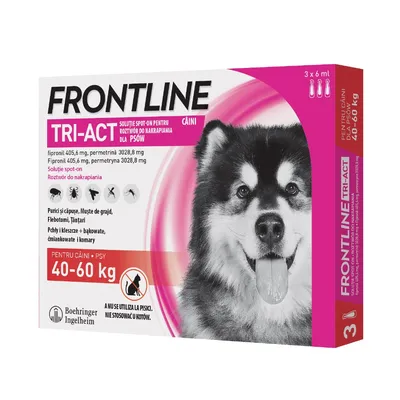 FRONTLINE TRI-ACT dla psów 40–60 kg, 3 x 6 ml. Fipronil 405,6 mg, permetryna 3028,8 mg. Przeciw pchłom, kleszczom, muchom, komarom. Nie stosować u kotów.