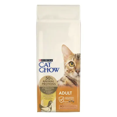 Confezione di Purina Cat Chow Adult, 50% proteine animali, ricco in pollo, con prebiotico naturale, senza coloranti o conservanti artificiali. Immagine di un gatto e disegno di pollo.