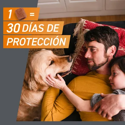 1 unidad = 30 días de protección. Perro junto a una persona en un sofá.