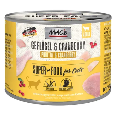 Conservă MAC's Geflügel & Cranberry, Super Food for Cats, hrană completă pentru pisici adulte, fără cereale, conținut ridicat de carne, Made in Germany. Text în germană și engleză.