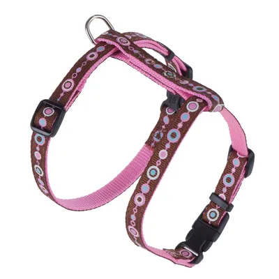 Pettorina per cani marrone-rosa con cinghie regolabili, motivo a cerchi e anello in metallo per il guinzaglio.