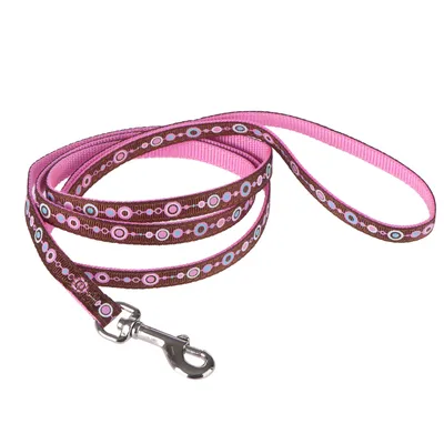 Guinzaglio per cani in tessuto marrone e rosa con motivo a cerchi colorati, moschettone in metallo all'estremità.