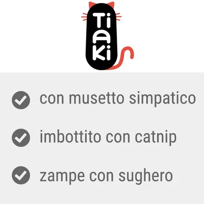 Tiaki. con musetto simpatico, imbottito con catnip, zampe con sughero