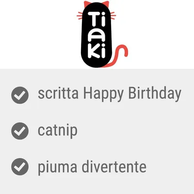 Tiaki. scritta Happy Birthday, catnip, piuma divertente.
