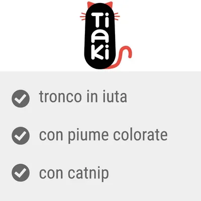 Tiaki, tronco in iuta, con piume colorate, con catnip