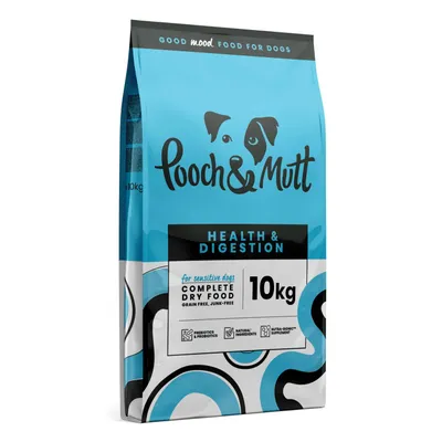 10kg bag labelled Health & Digestion, complete dry food for sensitive dogs, grain free and junk free, with prebiotics, probiotics, natural ingredients and nutri-biome supplement.
