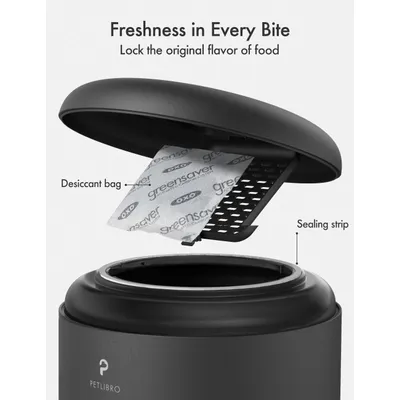 Pojemnik PETLIBRO z otwartą pokrywą, widoczna torebka pochłaniacza wilgoci OXO greensaver oraz uszczelka. Opisy: Desiccant bag, Sealing strip. Tekst: Freshness in Every Bite.