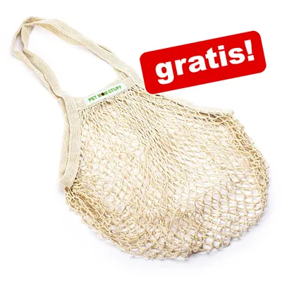 Бежевая сетчатая сумка с надписью 'Pet Mom Stuff' и красным баннером 'gratis!'. Бежевая сетчатая сумка с надписью 'Pet Mom Stuff' и красным баннером 'gratis!'.