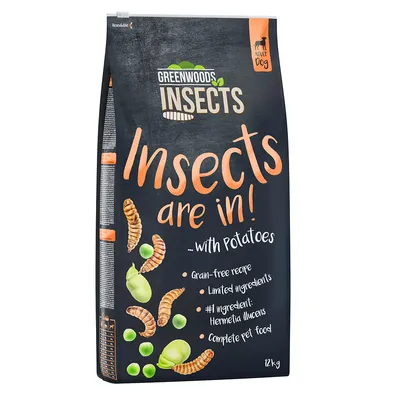 Greenwoods Insects Adult Dog, recept met aardappelen, graanvrij, beperkte ingrediënten, hoofdingrediënt Hermetia illucens, volledig diervoeder, verpakkingsgrootte 12kg.