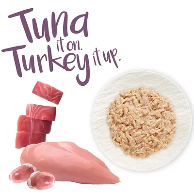Tuna it on. Turkey it up. Shown: raw tuna fillet, turkey meat and shredded meat on a plate.