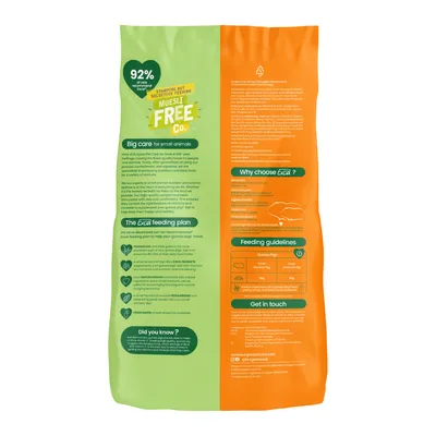 Back of pet food bag showing feeding guidelines, Excel feeding plan, key benefits, and contact information. Includes a muesli free label and nutritional advice for small animals.