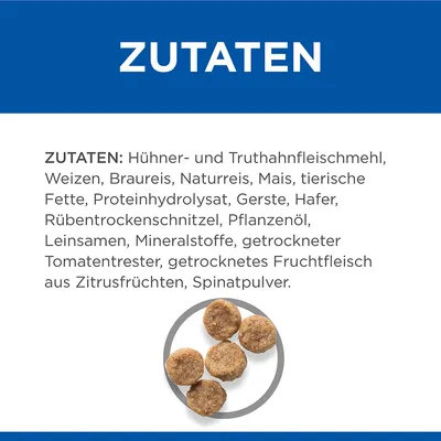 Zutaten: Hühner- und Truthahnfleischmehl, Weizen, Braureis, Naturreis, Mais, tierische Fette, Proteinhydrolysat, Gerste, Hafer, Rübentrockenschnitzel, Pflanzenöl, Leinsamen, Mineralstoffe.