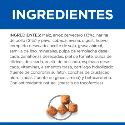 Ingredientes: maíz, arroz cervecero (13%), harina de pollo (21%) y pavo, cebada, avena, digest, huevo desecado, aceite de soja, grasa animal, semilla de lino, minerales, pulpa de remolacha...