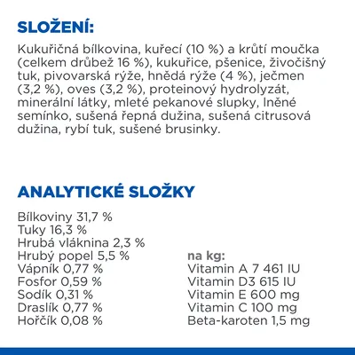 Složení: kukuřičná bílkovina, kuřecí 10 %, krůtí moučka, kukuřice, pšenice, živočišný tuk, rýže, ječmen, oves, proteinový hydrolyzát, minerály, vitaminy A, D3, E, C, beta-karoten.