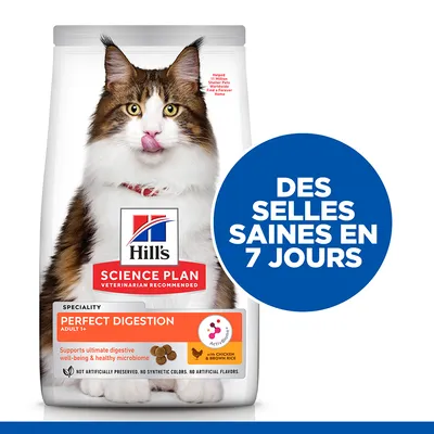 Hill's Science Plan Perfect Digestion Adult 1+ pour chat, avec poulet et riz brun. Texte visible : Des selles saines en 7 jours. Supports ultimate digestive well-being & healthy microbiome.