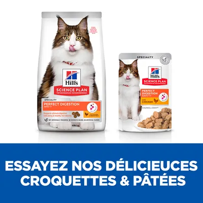 Hill’s Science Plan Perfect Digestion Adult croquettes et pâtée pour chat, avec poulet. Texte : Essayez nos délicieuses croquettes & pâtées.