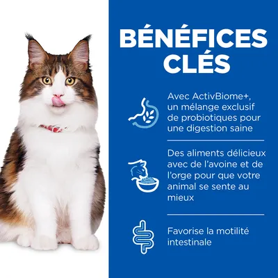 BÉNÉFICES CLÉS : Avec ActivBiome+, un mélange exclusif de probiotiques pour une digestion saine. Aliments avec avoine et orge. Favorise la motilité intestinale.