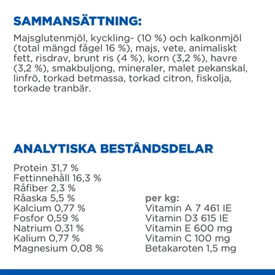 Sammansättning: majsglutenmjöl, kyckling- (10 %) och kalkonmjöl, majs, vete, animaliskt fett m.m. Analytiska beståndsdelar: protein 31,7 %, fett 16,3 %, vitaminer A, D3, E, C per kg.