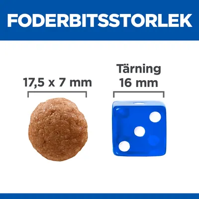 Foderbitsstorlek: foderbit 17,5 x 7 mm jämförs med tärning 16 mm. Texten 'FODERBITSSTORLEK' överst i bilden.