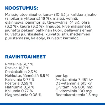 Koostumus: maissigluteenijauho, kana- (10 %) ja kalkkunajauho (siipikarja 16 %), maissi, vehnä, eläinrasva, panimoriisi, täysjyväriisi (4 %), ohra (3,2 %), kaura (3,2 %), lihanute, kivennäisaineet, jauhettu pekaanipähkinän kuori, pellavansiemen, kuivattu juurikaskleike, kuivattu sitrushedelmien puristemassa, kalaöljy, kuivatut karpalot. Ravintoaineet: proteiinia 31,7 %, rasvaa 16,3 %, raakakuitua 2,3 %, hehkutusjäännöstä 5,5 %, kalsiumia 0,77 %, fosforia 0,59 %, natriumia 0,31 %, kaliumia 0,77 %, magnesiumia 0,08 %. per kg: A-vitamiinia 7461 ky, D3-vitamiinia 615 ky, E-vitamiinia 600 mg, C-vitamiinia 100 mg, beetakaroteenia 1,5 mg.