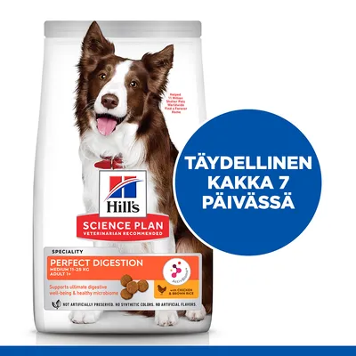 Hill's Science Plan Perfect Digestion koiranruokapakkaus, teksti: TÄYDELLINEN KAKKA 7 PÄIVÄSSÄ. Pakkaus mainitsee kanan ja ruskean riisin.