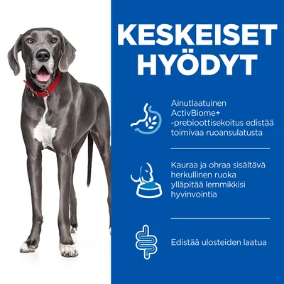 Keskeiset hyödyt: ActivBiome+ -prebioottisekoitus edistää ruoansulatusta, kauraa ja ohraa sisältävä ruoka ylläpitää lemmikin hyvinvointia, edistää ulosteiden laatua.