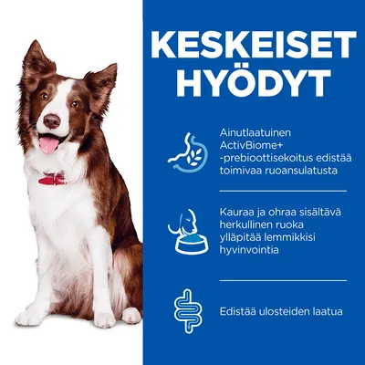 KESKEISET HYÖDYT: Ainutlaatuinen ActivBiome+ -prebioottisekoitus edistää ruoansulatusta. Kauraa ja ohraa sisältävä ruoka ylläpitää lemmikkisi hyvinvointia. Edistää ulosteiden laatua.
