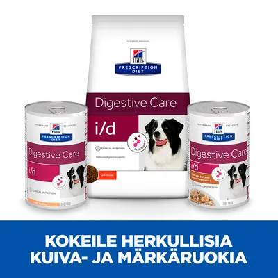 Hill's Prescription Diet Digestive Care i/d koiranruokaa: yksi kuivaruokapakkaus ja kaksi märkäruokapurkkia. Teksti: KOKEILE HERKULLISIA KUIVA- JA MÄRKÄRUOKIA.