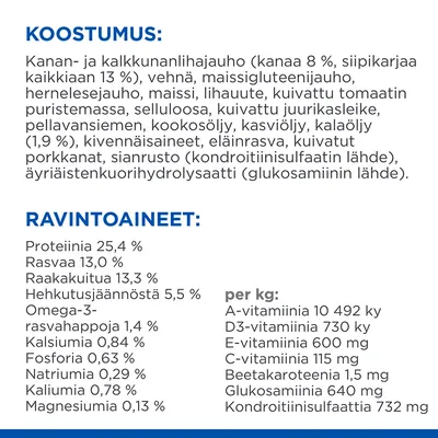 Koostumus: kanan- ja kalkkunanlihajauho, vehnä, maissigluteenijauho, herne, maissi, liha, tomaatti, pellavansiemen, kookosöljy, kalaöljy ym. Ravintoarvot: proteiinia 25,4 %, rasvaa 13 % jne.
