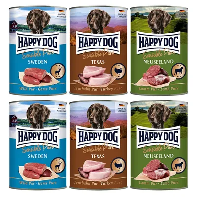 Set 6 conserve Happy Dog Sensible Pure: Sweden Wild Pur, Texas Truthahn Pur, Neuseeland Lamm Pur. Etichete vizibile cu carne de vânat, curcan și miel. Made in Germany.