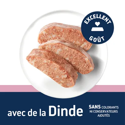 Trois tranches de viande de dinde sur une assiette, Texte : Excellent goût, avec de la dinde, sans colorants ni conservateurs ajoutés. Trois tranches de viande de dinde sur une assiette, Texte : Excellent goût, avec de la dinde, sans colorants ni conservateurs ajoutés.
