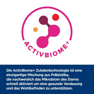 ActivBiome+ Zutaten-Technologie: Mischung aus Präbiotika, aktiviert Mikrobiom des Darms für gesunde Verdauung und Wohlbefinden.