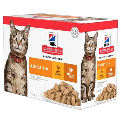 Box showing Hill's Science Plan Poultry Selection Adult 1-6, with 6 chicken and 6 turkey chunks in gravy portions. Image displays product name, age range, and portion details.