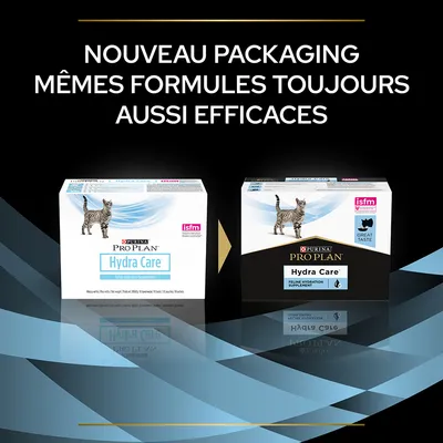 Nouveau packaging Purina Pro Plan Hydra Care pour chats, mêmes formules toujours aussi efficaces. Deux boîtes visibles : ancien et nouveau design, texte ISFM et Great Taste sur l’emballage.