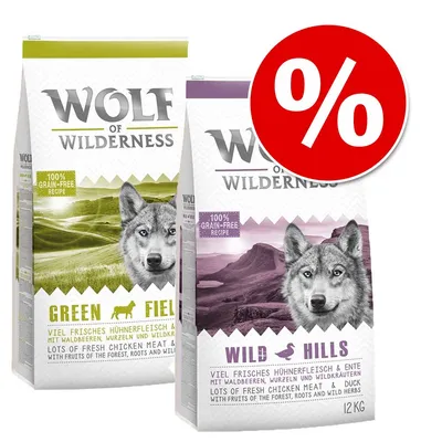 Wolf of Wilderness Green Fields a Wild Hills, 100 % grain-free receptúra, balenie 12 kg, akciová ponuka so symbolom percenta na obale.