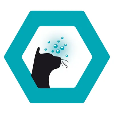 Black silhouette of a cat with blue bubbles, surrounded by a hexagonal frame. Symbol for fresh breath or hygiene.