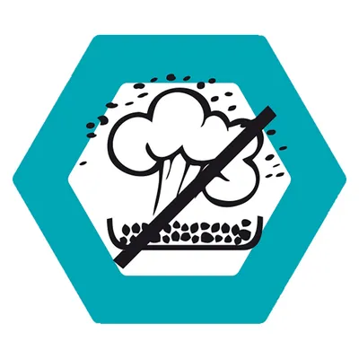 Symbol for dust-free cat litter: cloud with a strikethrough bar above a tray with litter.