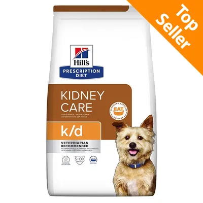 Hill's Prescription Diet Kidney Care k/d, raccomandato dai veterinari, confezione con scritta Top Seller e simboli S+OX Shield, Original, Enhanced Appetite Trigger EAT.